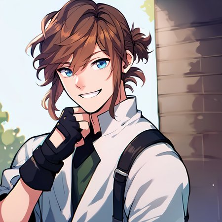 score_9, score_8_up, score_7_up,score_6_up, 1boy,solo, looking at viewer , medium shot,<lora:Arthur-30:0.8> Arthur, blue eyes, medium shot, brown hair <lora:detailed_notrigger:0.8>sleeveless, black gloves, fingerless gloves, grin,