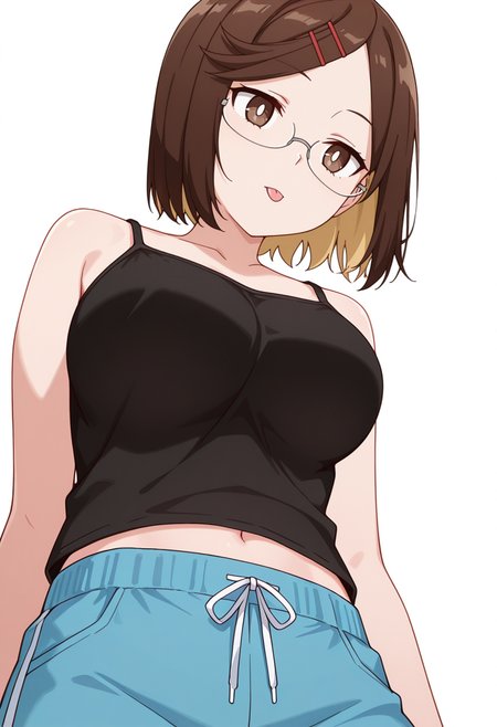 masterpiece,high quality details, absurdres,
 <lora:Konoha_Koga:0.8> koga_cnr, 1girl, brown hair, short hair, brown eyes, blonde hair, two-tone hair, large breasts, semi-rimless eyewear,hairclip,expressionless,
koga_s2, 1girl, black camisole, tank top,blue shorts,, simple background, white background, from below,solo,, :p,