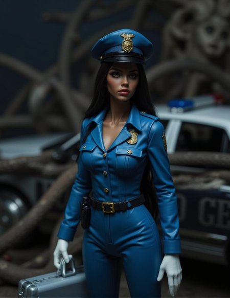 <lora:ck-plastic-models.safetensors:1> a diorama of a plastic model kit featuring
A dark-skinned woman in a blue police uniform, wearing white gloves and holding a silver briefcase, stands stern-faced with an aura of malevolent authority. Her piercing brown eyes are adorned with makeup, her medium breasts seeming to be carved from shadows. A two-way radio crackles on her belt as she stands before a swirling dark background featuring a twisted, blurry police car. The overall atmosphere is one of unyielding terror and the unraveling of reality.
