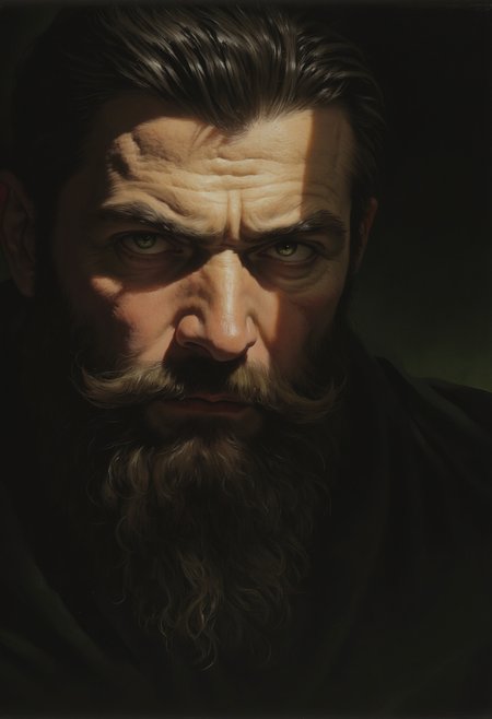 Realistic and highly detailed brooding man with sharp, chiseled features stares intensely out of the shadows. His piercing green eyes lost in the darkness, framed by a rugged beard and neatly groomed hair. His expression is dark and menacing, as if harboring deep secrets. The dim lighting casts half his face in shadow, enhancing the mysterious and foreboding atmosphere around him. The overall mood is intense and dramatic, evoking a sense of quiet, dangerous power.