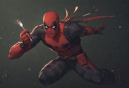 score_9, score_8_up, Deadpool, bodysuit, mask, Giving a spoon, Prision, Wolverine behind bars,