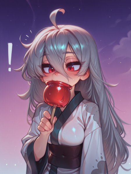 looking at food,1girl,Laev,red eyes,hair between eyes,very long hair,ahoge,grey hair,eyes visible through hair,blush,cloud print,holding food,black/white kimono,candy apple,star \(sky\),covered mouth,medium breasts,suprised,!,holding,
masterpiece,absurdres,amazing quality,very aesthetic,newest,cloud,orange/purple sky,gradient background,
<lora:Laevateinn:0.9>,<lora:noobai_ep11_stabilizer_v0.96_fp16:0.8>,<lora:HerrscherAGGA2025_TOONCITY_ST_V2:0.75>,TOONCITY_ST,<lora:HerrscherAGGA2025_CuteLag-IL_V2:0.6>,CuteLag_ST,<lora:outline_xl_kohaku_delta_spv5x:-1>,<lora:alpha_Style>,ShenkiStyle,