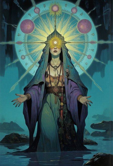 Psychedelic swamp oracle, third eye wide open, bone beads and Spanish moss veil, radiant fractal aura, glowing alligator spirits circling, mist-drenched bayou at dawn, spectral sigils in the fog, cosmic Cajun priestess, vibrant blue-green-violet tones, sacred psychedelic surrealism, painterly detail, cinematic light bloom
<lora:FLUX-daubrez-DB4RZ-v2:0.55> <lora:Sinfully_Stylish_.02_for_FLUX:0.35> <lora:dystopia:0.6>
Art by Gerald Brom, Anime art