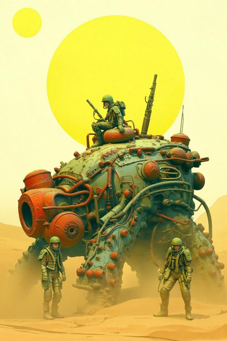pascalblanche1 illustration. 
Three soldiers in a desert-like environment. A large mechanical structure resembling a giant machine with red and metallic parts stands centrally. Two soldiers stand near its base, while one is seated on top. The sky features a large yellow sun or moon and a smaller celestial body. <lora:pascalblanche1_cap_d8a4:1.0><lora:860254501595023668:0>