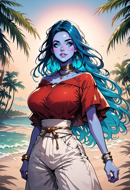 commix style, score_9, score_8_up, score_7_up, 1woman, mature, (blue skin:1.3), detailed blue eyes, large round eyes, bright eyes, (long dark blue hair:1.4), fiery hair, gradient_hair to light neon blue, (very long hair), blue lipstick, huge breasts, beach, palm tree, bracelet, jewelry, neck ring, red shirt, sash, short sash, shirt, shorts, strapless, strapless shirt, waist cape, white shorts,