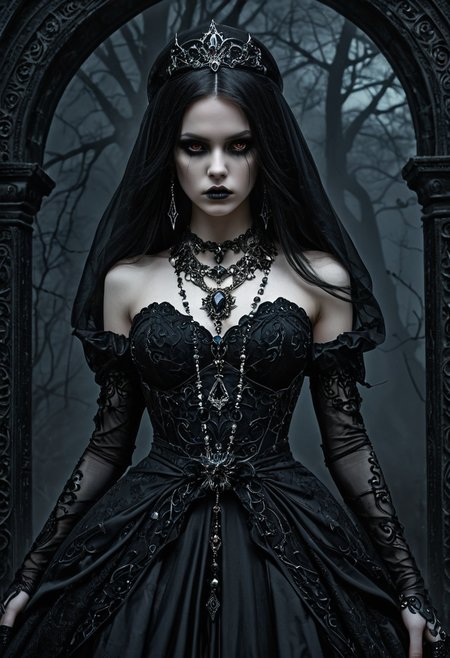 Gothic style <lora:ul0px:1>,ul0px (style, 1girl, fantasy art, dress, jewelry, necklace), . Dark, mysterious, haunting, dramatic, ornate, detailed