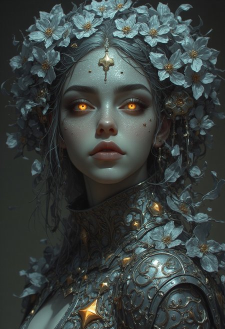 Silver statue of a woman, her skin composed of delicate, textured silver flakes, with chrome and glass flowers intricately woven into her hair, her eyes gleaming with a warm, bluish light, wearing a majestic, windy-blown ornate gown with tattered, silver petals, reminiscent of a dark, dystopian world, her face and shoulders illuminated by a soft, ambient glow, as if radiating an otherworldly energy. In the styles of Royo's dark, mystical realism, Artgerm's hyper-detailed, metallic sheen, and Lovecraft's eerie, atmospheric tension, with meticulous attention to intricate textures, dramatic shading, and a sense of haunting, ethereal beauty.