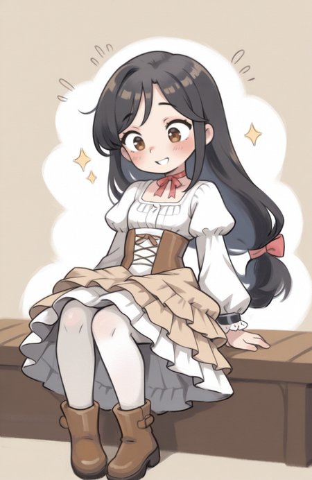 1girl, solo, <lora:qtkat:0.9> qtkat, traditional media, watercolor \(medium\), 
<lora:ffgarnet-illu-nvwls-v1_1:0.5> ffixgarnet, black hair, brown eyes, low-tied long hair, victorian dress, puffed sleeves, corset, layered skirt, lace cuffs, white pantyhose, boots, ribbon choker, sitting, leaning in eagerly, sparkling expression, joyful anticipation, upbeat aura, extremely detailed, highres, masterpiece, best quality