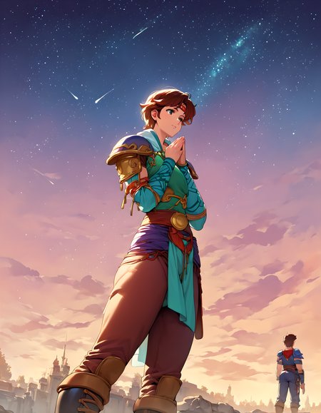<lora:pony_xl_lin:0.9>,lin,score_9,score_8_up,score_7_up,source_anime,1girl,solo,armor,shoulder armor,shoulder pads,pants,knee boots,lonely,standing,hands_on_own_chest,praying,cowboy_shot,nature,night,big dipper,starry_sky,star_(sky),