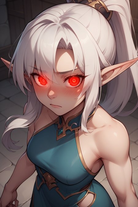 score_9, score_8_up, score_7_up, score_6_up, BREAK  pale skin, gogalking, <lora:gogalking 1024 6:0.7>, ponytail, ((white hair)), pointy ears, red eyes, long hair, elf, eyebrows visible through hair, (glowing eyes red:1.1), blush, wide angle view,