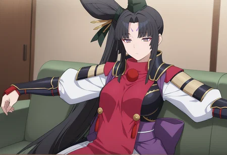 anime screencap, anime coloring, 1girl, mature female, very long hair, black hair, side ponytail, cone hair bun, pointy hat, multicolored eyes, forehead mark, japanese clothes, japanese armor, breast curtain, leather armor, sitting, figure four sitting, outstretched arms, couch, relaxing, bored, living room <lora:taira_illus_r1:1>, masterpiece, best quality, amazing quality, very aesthetic, absurdres, highres, newest
