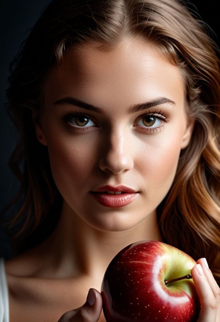 1 girl, the question is what about an apple, intricate details,  
BREAK 
studio quality, cinematic photo, intense, dramatic, high contrast,  photorealistic, intricate details, professional, 4k, detailed, 8K HDR