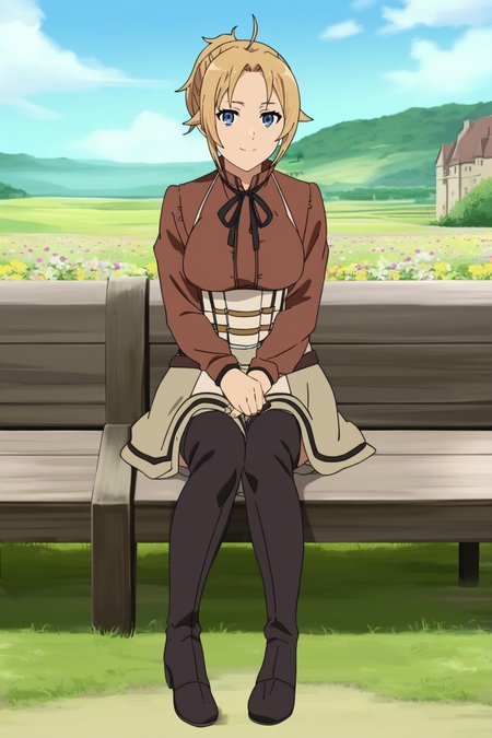 ,,,masterpiece,best quality,highres,4k,8k,intricate detail,cinematic lighting,perfect_eyes,High face detail,rating_explicit,high resolution,detailed eyes,
(score_7_up), source_anime,anime coloring,anime,(anime screencap),,zPDXL,
,,detailed background,, day, outdoors, flower field, (village), Medieval architecture, medieval.
,sitting, looking at viewer, full body, light smile, sitting on bench,
, skirt, shirt, thighhighs, long sleeves, ribbon, boots, black thighhighs, thigh boots, brown shirt,short skirt, 
,,zenith greyrat,mushoku tensei, short hair, blonde hair, blue eyes, ahoge, parted bangs, short ponytail,mature female,
,  <lora:Zenith_Greyrat_PonyXL_v1:0.75>