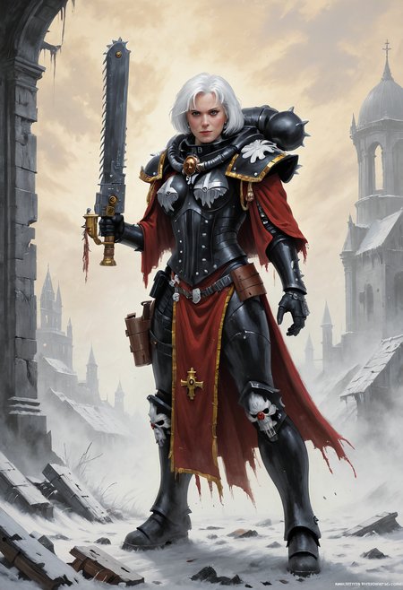 (Art by Drew Struzan), (masterpiece, best quality, hyper detailed, ultra realistic, 32k, RAW photo), full body shot of single adepta sororitas, black power armour, short red cape, holding pistol and 40kchainsword, messy white hair, slight smile, snowy ruins in background, gold:0.2 details, <lora:add-detail-xl:0.8> <lora:adepta_sororitas_xl_v1:1>  <lora:Desolation:0.3> <lora:Chainsword_-_Warhammer_40000_SDXL:1>