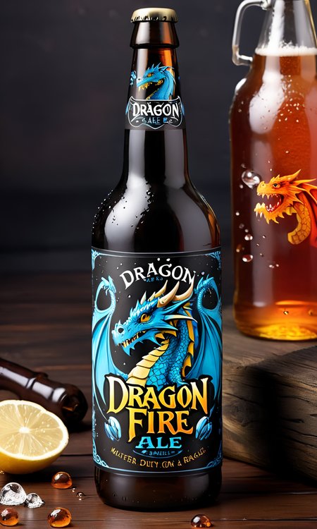 <lora:bevlabsdxl:0.9>,a beer bottle with a dragon on it, text " Dragon Fire Ale", bevlabsdxl,  best quality, masterpiece, water droplets, logo