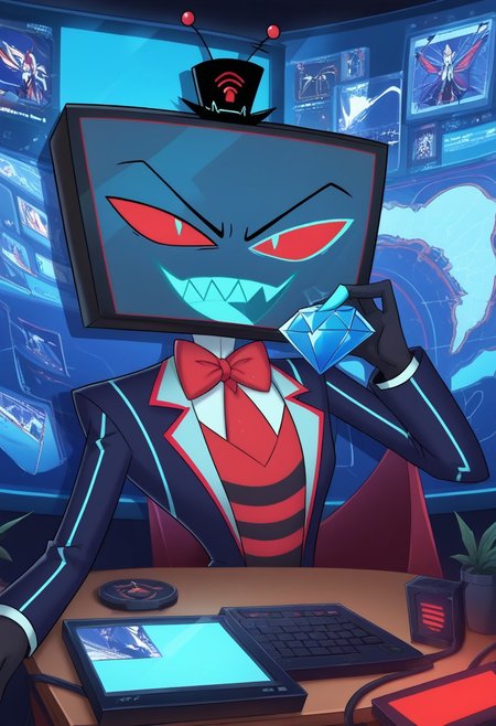 score_9, score_8_up, score_7_up,
masterpiece, best quality, detailed, amazing quality,
detailed background, office,
detailed eyes, clean eyes,
dynamic pose, sitting on desk, static screens,
1man,
Vox, TV head, television head, rectangular Head Cyan screen, cyan screen, red sclera, blue pupils, blue teeth, tophat, TV antennas, red and black striped shirt, dark blue coat, red tie, black skin,
easynegative, chaos emerald, holding, gem, holding gem