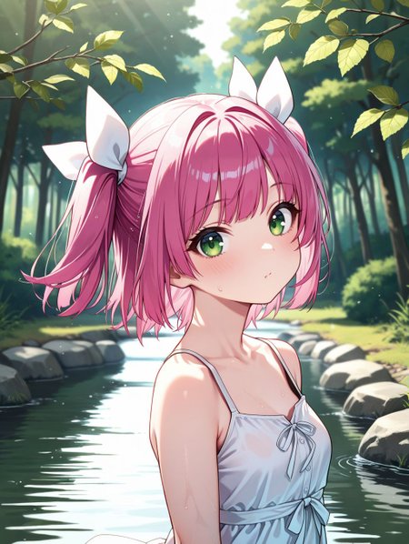 masterpiece, best quality, <lora:spo_sdxl_10ep_4k:0.5>, Perfect Hands, sfw, 
<lora:urin_IL:0.8>, 
1girl, solo, urin, long hair, short twintails, pink hair, green eyes, hair ribbon, white dress , 
head tilt, outdoors, water, stream, arms at sides, looking at viewer, day, river, nature, standing, tree, upper body, forest, blurry, (blurry background:1.2), dynamic lighting,