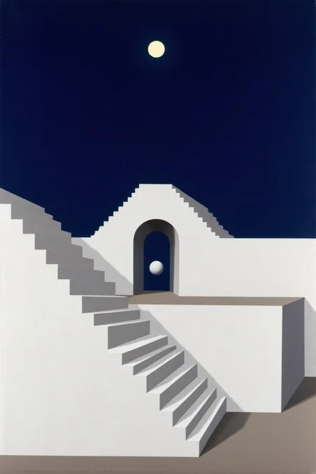 renemag1 painting.
A stark, geometric architectural structure against a deep blue sky. The scene is dominated by a large, white, stepped pyramid structure on the left side of the image, with steps ascending from bottom left to top right. The steps are rendered in a light, cool grey tone, providing a stark contrast to the white structure. There is a moon in the sky above. There is a round ball visible behind the opening arch.
 <lora:renemag1_cap_d6a3:1.0><lora:829578216315467740:0>