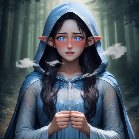 score_9, score_8_up, score_7_up, source_anime, expressive, anime, Artist speedlines, dynamic, 1girl, Arwen_Undómiel,tolkien's_legendarium, BREAK, Arwen\(Lord_of_the_Rings\),  Arwen, elf, pointy ears, blue eyes, black hair, long hair, sidelocks, 1woman, blush, blushing, embarrassed, sensual, horny, longing,  blue dress, lace, see-through, blue cloak, blue hood, detailed eyes, blushing, horny, uncensored, source_hentai steam, full-face_blush, happy horny, in_the_woods, Lothlórien, forest