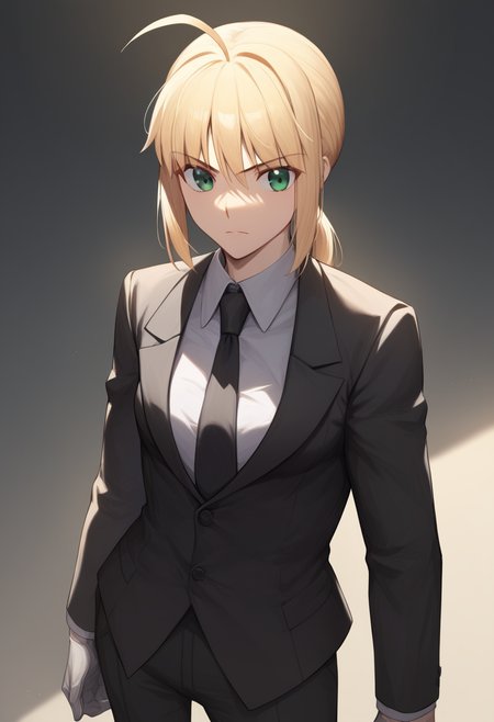 score_9,score_8_up,score_7_up,<lora:fate_zero_all:1>,1girl, character: artoria_pendragon_(fate), character: saber_(fate), solo, cowboy_shot, eyes_visible_through_hair, green_eyes, hair_between_eyes, blonde_hair, ahoge, ponytail, gloves, suit, necktie, highres, formal, lion, shadow, bad_id, bad_pixiv_id, commentary_request