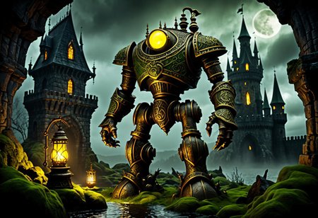 giant bipedal robot dirty yellow and dark green, bronze paisley robot. lacy robot metal lava lamp head. outside of a steampunk keep. large detailed torso. dark image. one forty foot tall ancient robot with great arms and two heavy spring legs. dark foggy night background. $dark foggy night image only. dark photo realistic image. steampunk details. cogs, chains and pipes incorporated in the fantasy buildings. magic wizards tower in background. Dark swamp, moss, castle ruins, wizards tower. stormy dark night.  stormy sky.