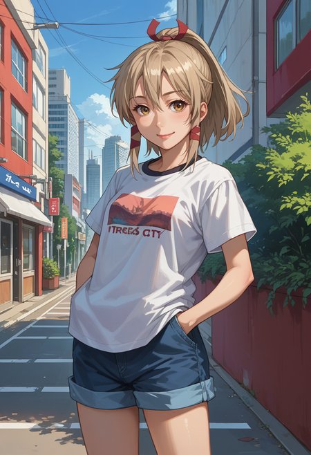 score_9, score_8_up, source_anime, 1girl, solo, Ukanomitama, long hair, high ponytail, hair ribbon, tress ribbon, t-shirt, shorts, outdoors, city, hands in pockets, smile, <lora:ChamUkaPonyXL:1>