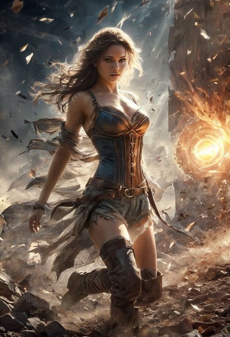 A character with an hourglass body wearing shorts clothes with a dramatic view angle, more intense lens flares, more dramatic lighting, deeper and more contrasted shadows, a colder color grading, cinematic color, cinematic lightings, hot,sexy,breast,a desolate wasteland background and her expression is of fierce determination,thunder lights. 4k resolution, ultra HDR, and ghostly beauty. The image should reflect intricate details, raw photo quality, a windy atmosphere, dust particles in the air, include a broken clock or shattered glass, her hair flowing wildly in the wind, some cracked earth beneath her feet, a tattered, torn flag somewhere in the scene, and a distant storm approaching