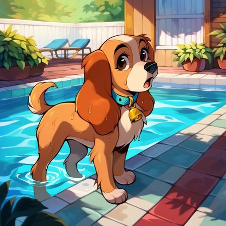 score_9,score_8_up,score_7_up,score_6_up,score_5_up, cocker spaniel, solo, open mouth, brown hair, brown eyes, standing, full body, outdoors, sky, collar, bell, animal, animal focus, animalization, domestic dog, lady \(ladyandthetramp\), dog ear, animal nose, dog, no humans,  <lora:LadyPny:0.5>, (rating safe),(source cartoon),  (inside of pool:1.2), swimming, wet fur,
