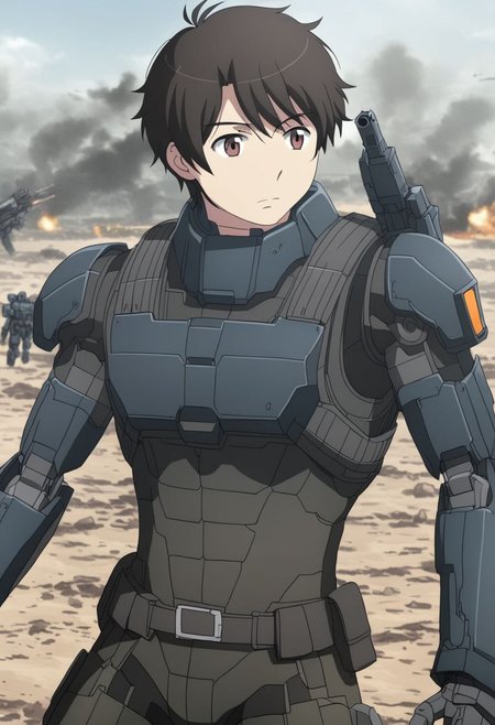 high resolution, solo, best quality, 1Boy, Inaho Kaizuka, Black Hair, Brown Eyes, battlefield, shootout. Mecha, OverallDetail