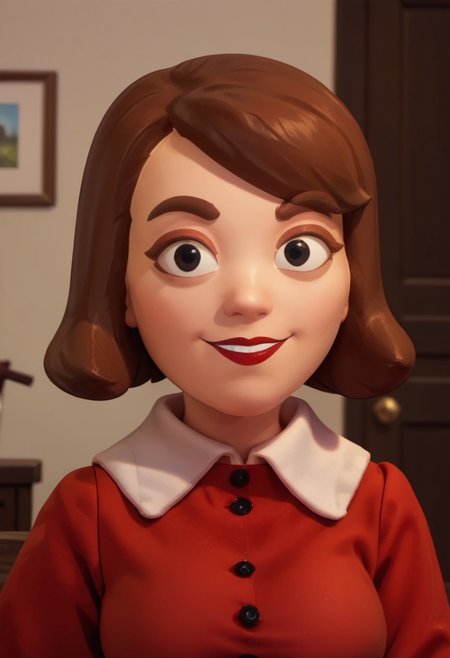 ((bedroom background)),score_9, score_8_up, score_7_up,score_6_up, 
1girl, Solo, BlobertaP_MO, light skin, brown hair, short hair, black eyes, red lips, brown eyebrows, big eyes, long red dress with sleeves, white apron for waist, black flat shoes, medium stature, social smile, sexy face, close-up, face photo, perfect eyes, perfect smile, looking at the viewer, big breasts, detailed eyes, perfect eyes, very close-up