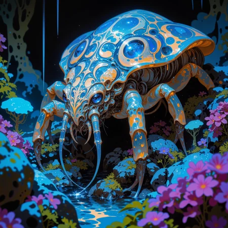 eldritch and quaint scenery on a distant world, award-winning macro photo, short depth of field, hyper realistic, ultra high definition, dim lighting, at night,  bioluminescence, subsurface scattering, the elusive "observant scudfunzler" is a keydering marvel found in the damp, lumiglistening caves of the dimly lit world "flarnmoor vi." this bioluminescent invertebrate sports a punglyflorbed, translucent carapace that refracts faint light into shimmering rainbows. its erbelforing antennae are very sensitive to the cave's eternal vibrations, allowing it to detect both predators and its favored food, the elusive "mossycling sparklemites." the creature's habitat is features undulating walls of glistening stalagshimmer and faintly glowing fungal blooms, creating a truly ramfumbling ecosystem, creature focus, very aesthetic, extremely detailed, ultra high resolution, 8k, 4k, harmonising colors, chartreuse and blackberry purple and burgundy and jet black and eggshell white, ovg, in the style of ckpf, amanoer, <lora:style-painterly_fantasy-flux-by_chronoknight:0.76> <lora:style-retro_anime-flux-by_lizardman245:0.36> <lora:style-yoshitaka_amano-elden_ring-flux-by_alicient:0.52>