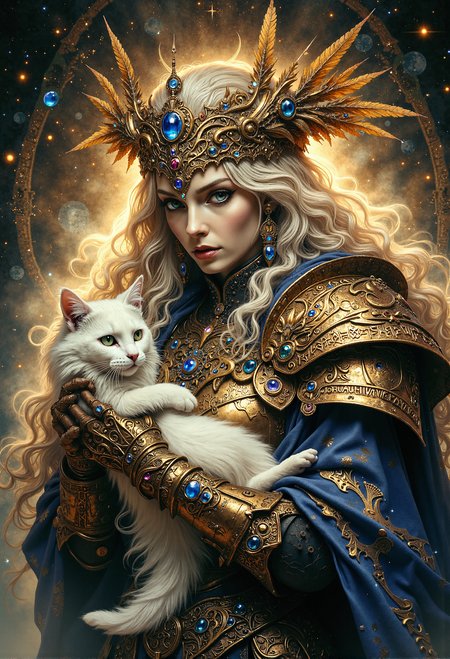 The Norse goddess Freyja, resembling Kathryn Winnick, holding a cat, intricate fantasy portrait. Freyja wearing ornate golden armor with Norse runes, adorned with jewels and precious stones. Elaborate headdress with feathers and mystical symbols. Holding a fluffy white cat in her arms. Surrounded by magical aura and swirling energy.  Highly detailed, ethereal lighting, digital painting style. <lora:Dever_Flux_Enhancer.safetensors:0.5>,  <lora:Elden_Ring_-_Yoshitaka_Amano.safetensors:1.0>,  <lora:aiai-Glimra-Flux-Dev-v2.safetensors:0.5>,  <lora:Movie_Portrait.safetensors:0.5>,  <lora:- Flux1 - soothing_atmo_V2.0.safetensors:0.2>,  <lora:lith_mimosa_kiel_grw134_FLUX.safetensors:0.4>,