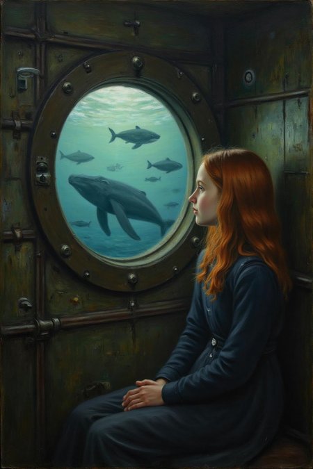 hansandersenbrendekilde1 painting.
A young girl with fiery red locks sits pensively beside a massive port hole within the confines of an ancient submarine, submerged in the depths of the ocean. A school of gentle giants, whale silhouettes, drift by outside as soft blue-green light from the exterior illuminates the interior, casting an ethereal glow on the subject's profile. <lora:hansandersenbrendekilde1_cap_d8a4e11:1.0><lora:855173129008352126:0>