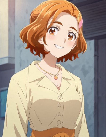 score_9, score_8_up, score_7_up, 1girl, solo, anime screencap, 1girl, solo,hyuugasaki,  jewelry, hair ornament, smile, looking at viewer, shirt,  hairclip, yellow shirt, necklace, cowboy shot,medium breasts,blush <lora:hyuugasaki:0.8>