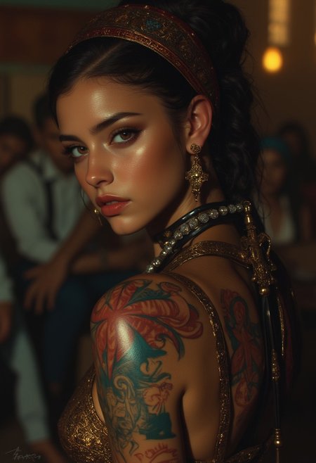 Create an over the shoulder portrait of a beautiful woman, bare neck and shoulders, emphasizing the details of her skin, ornate headdress, and intricate tattoos. She gazes directly at the viewer with an intense, alluring and sensual expression. Her flawless skin contrasts with the vibrant colors of her traditional African tattoos, visible on her neck and shoulders. Her hair is elegantly pulled up into her headdress, adorned with exquisite jewelry that catch the soft, atmospheric light. Her makeup enhances her features: natural complexation with a very subtle blush, glossy lips, and subtly defined eyes that convey mystery and allure. The background is a softly blurred interior of a traditional African setting, with warm, muted colors that complement her appearance and enhance the intimate mood. The overall composition is highly detailed and realistic, with intricate textures and rich colors. Soft, dramatic lighting highlights the contours of her face and the intricate designs of her headdress and tattoos. The mood blends sexuality with subtle intensity, capturing beauty in an evocative and atmospheric portrait, (((ultra-realistic style))), realistic soft lighting, dark, eye-catching, atmospheric lighting, natural, shallow depth of field, (highlights: 0.8), high detail (dynamic, sincere, cinematic shot, film grain, bokeh, depth of field)