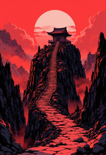 <lora:ck-ghost-reaper:0.9>, This is a digital artwork in the style of ckgr,
Inkpunk Anime, inksketch in red and black, image of shinto shrine on top of a mountain, long flight of steps up to it, canyon, ravine, sunset, mist