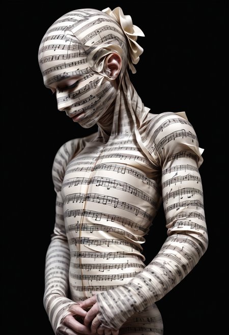 s body wrapped in sheet music from head to toe, black background,s body wrapped in sheet music from head to toe, black background