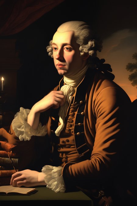 Joseph Wright Of Derby Style - a close-up shot of an 18th-century painting with warm tones and soft lighting, conveying a sense of contemplation and wisdom.