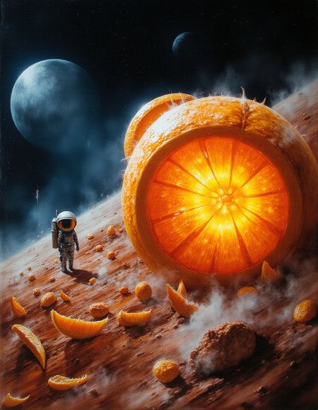 "Ultra-realistic close-up of an astronaut repairing a segmented orange-shaped craft, each segment a transparent module displaying glowing internal systems. The craft is surrounded by asteroids resembling frozen lemon slices. Interstellar space background with a bright blue star. Details: frozen citrus juice floating like crystals, spacesuit with orange highlights, porous peel texture. *The Martian* style with surreal touches, dramatic lighting."
 <lora:Dark_Art-v1.14:1> Dark Art, real,(realistic),photo realistic, photography,highly detailed,(masterpiece),(high quality),best quality,super detailed,full detail,4k,8k,realistic lighting,  norender, no anime