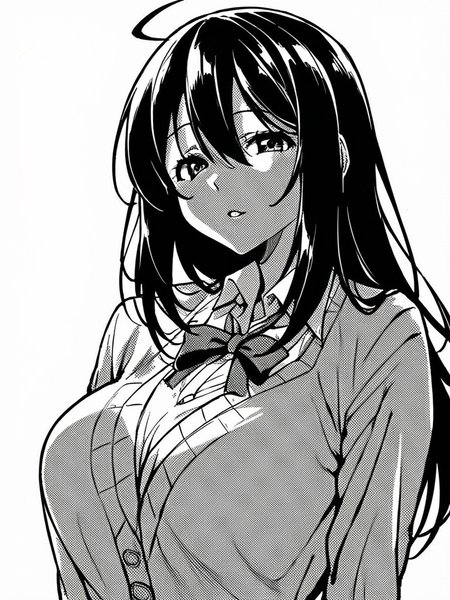 score_9, score_8_up, score_7_up,  
1girl, monochrome, yuuka ke, long hair, black hair, large breasts, ahoge,


upper body, cardigan, dress, long sleeves, neck ribbon, parted lips, looking at viewer, white background,

