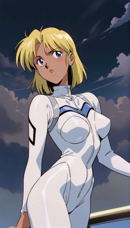 masterpiece,best quality,very aesthetic,absurdres,1990s \(style\),Electra XL,1girl,solo,blonde hair,blue eyes,White bodysuit,short hair,White pilot suit,breasts,<lora:Electra XL:0.9>,cowboy shot,sky,cloudy sky,