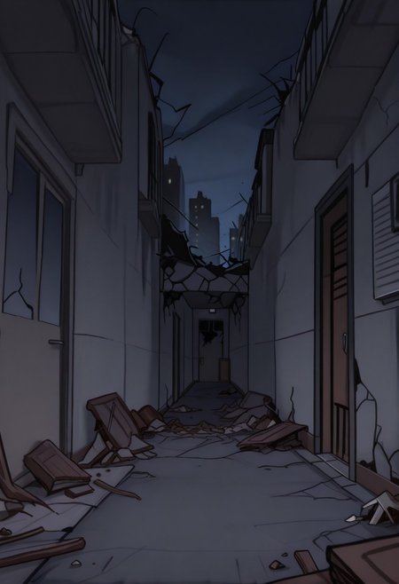 masterpiece, best quality,
 <lora:Inusen:1>
1n0s3n, nobody on screen, apartament exterior destroyed background, drawned in inusen style, night, dutch angle of an exterior corridor from a apartment building,