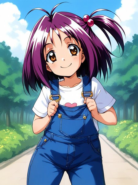 score_9, score_8_up, score_7_up, source_anime, rating_explicit, BREAK  <lora:Kotobuki_Miyuki_XL:0.9> Kotobuki_Miyuki, purple hair, brown eyes, short hair, short stack,
 1girl, solo, overalls, hair ornament, hair bobbles, plaid, one side up, shirt, smile, 
outdoor, sky,