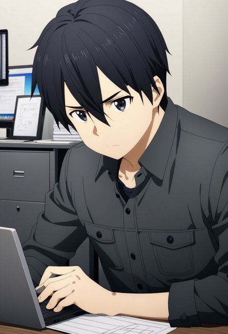 high resolution, professional photography, best quality, 1Boy, Kirigaya Kazuto, Black Hair, Black Eyes, overalldetail, worker, working, office space, office desk, concentration, focus, laptop