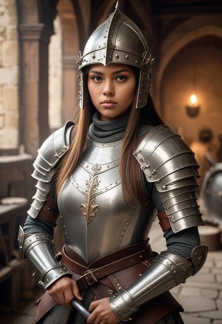((fashion photography)), perfect face, perfect eyes, (medium full shot) of  (supermodel medieval soldier) young woman, thai, straight hair, brown eyes, light brown skin, light skin, hazel eyes, full-figured, brown hair,   knight, wearing Frog-mouth helm with hinged visor, scale armor hauberk, segmented plate vambraces, leather faulds with metal studs, plate greaves, steel sabatons, holding lance with silver adornments, set in medieval era,  Armory, Cluttered room with weapon racks lining the walls, armor stands displaying battle-worn gear, barrels of arrows, sharpening stones, and a faint scent of oil and metal , surprised, open mouth, running toward the viewer, masterpiece, best quality, photorealistic, very aesthetic