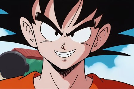 source_anime, score_9, score_8_up, score_7_up, anime screencap,8k, absurd res, 
son goku, aged up, looking at viewer, smile, black hair, male focus, outdoors, sky, day, 1boy, black eyes, spiked hair, close-up, dougi, black undershirt, orange topwear, v-shaped eyebrows
 <lora:gokudb_pony_v3:0.8>