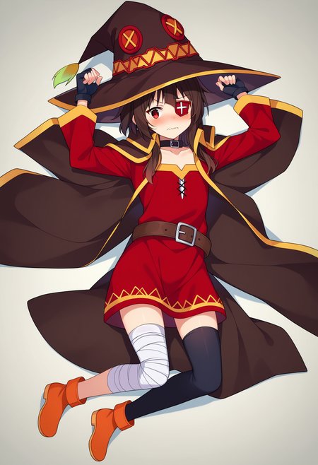 score_9, score_8_up, score_7_up, source_anime,
BREAK
1girl, solo, 
<lora:shiMeguminV1:1.0>, 
shimegumanga, megumangastyle, short hair, brown hair, red eyes,
collarbone, black gloves, choker, belt, fingerless gloves, cape, collar, witch hat, red dress, eyepatch, 
bandaged leg, single thighhigh, asymmetrical legwear,
looking at viewer, blush, wavy mouth, shy, full body, ;o,