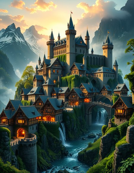 A breathtaking medieval fantasy city nestled in a lush valley, surrounded by towering mountains and dense forests. A grand castle with multiple towers and turrets stands atop a hill, overlooking the town below. The city consists of charming half-timbered houses with glowing windows, perched on rocky cliffs and connected by stone bridges over cascading waterfalls. The river flows through the village, reflecting the warm golden lights of lanterns and torches. Ivy and moss grow over the stone walls, adding to the enchanted, ancient atmosphere. The background features misty mountains with additional fortresses and watchtowers, partially hidden by low-hanging clouds. The sky is illuminated by a soft, warm sunset, casting a golden glow on the scenery, creating a perfect blend of realism and fantasy. Highly detailed, cinematic, and immersive, with a magical, fairy-tale ambiance.
<lora:SDXLFaeTastic2400:0.4> <lora:extremely_detailed:0.4> extremely detailed, <lora:medieval_f4nt4sy_c1ty:1>,medieval f4nt4sy c1ty, Masterpiece,best quality,hi res,8k,hi res,8k,award winning,(sharp focus, intricate, highly detailed),