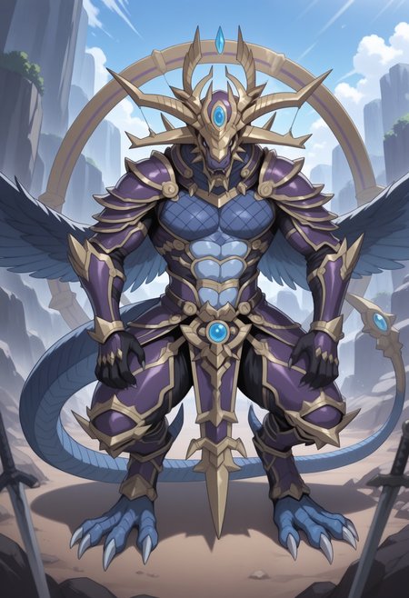 masterpiece,best quality,amazing quality, 1boy, solo, shiranui, dragon, blue skin, gold helmet, armor,  full body, outside,