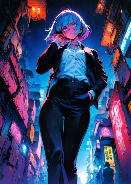 masterpiece, best quality, very aesthetic, absurdres
 by sadamoto yoshiyuki, 1girl, aged up walking in the alley 
short hair 
black suit white collar shirt 
wind 
perspective from below 
cyberpunk, neon